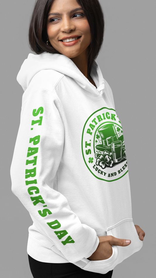 Saint Patrick's Day Lucky and Blessed  White Hoodie - Rezilliant Apparel